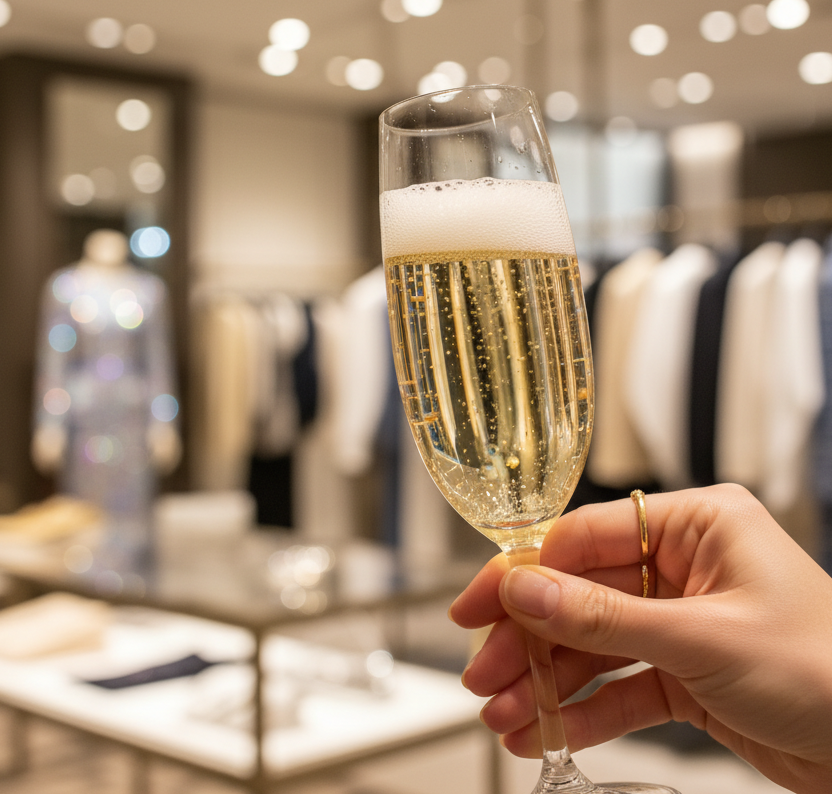 I'd like an image of a woman's hand holding a delectable looking glass of champagne in a retail setting. the retail boutique background should be soft focus with primary attention on the glass of wine