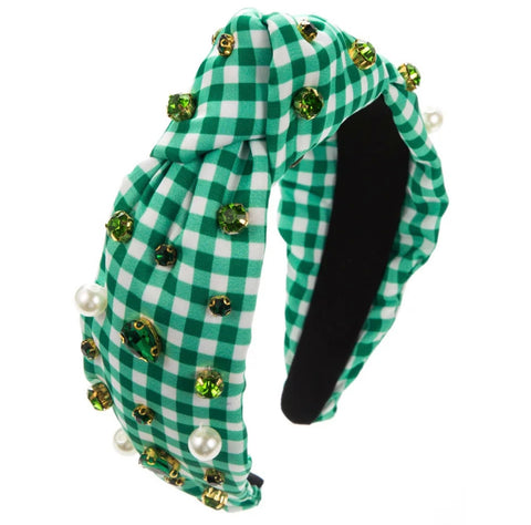 Green Gingham Headband w/ Gems