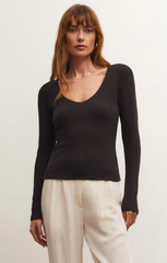 Aden V-Neck Rib Top- Black