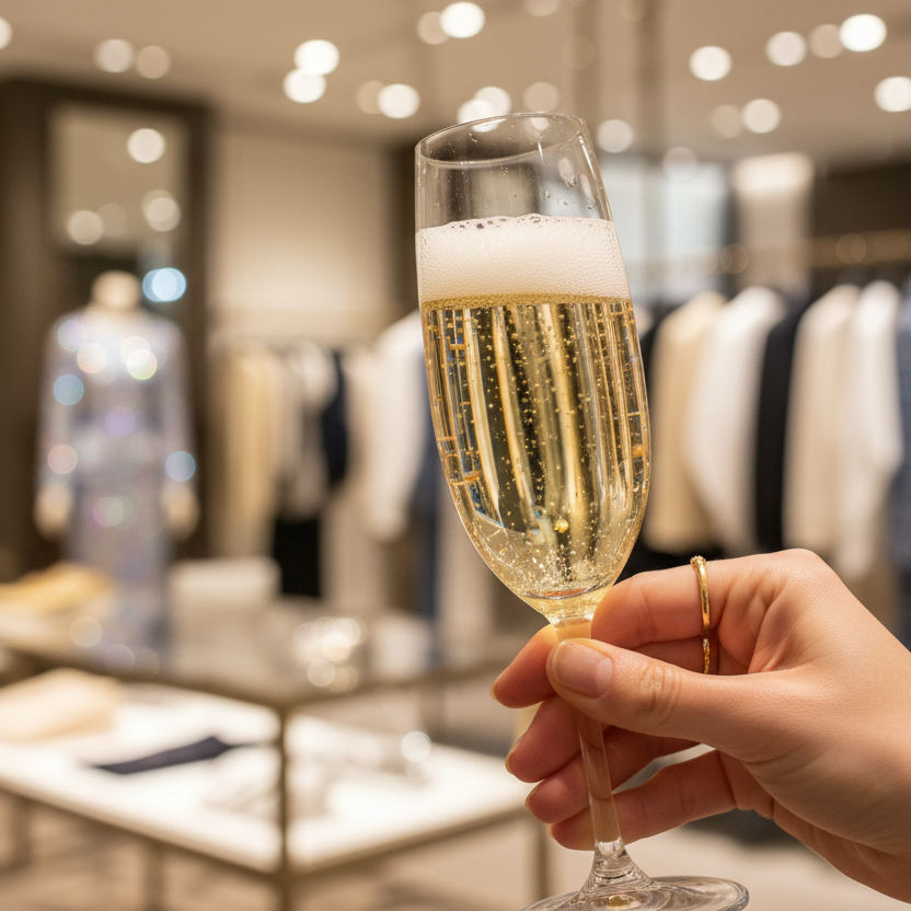 I'd like an image of a woman's hand holding a delectable looking glass of champagne in a retail setting. the retail boutique background should be soft focus with primary attention on the glass of wine