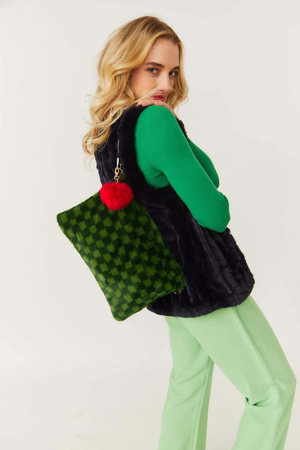 Light Green Luxury Faux Fur Bag w/ Red Pom